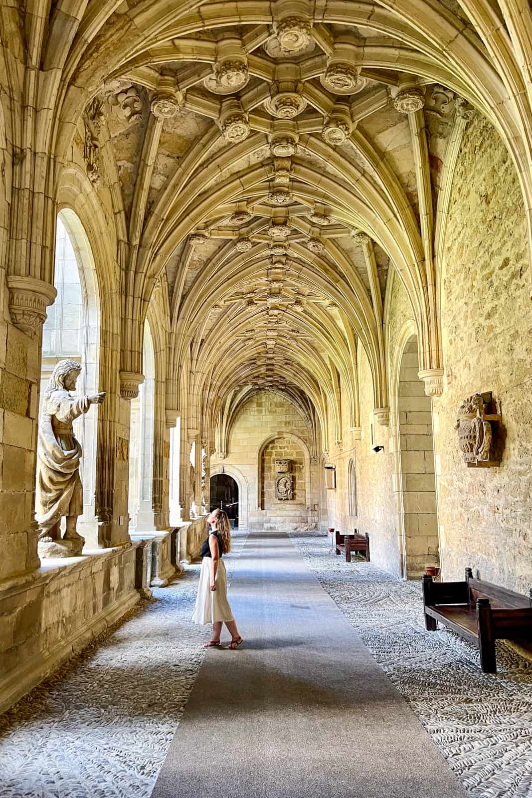 A woman in a black top and white skirt looks up to a stone statue of a man pointing inside the golden stone cloister of Hostel de San Marcos. 