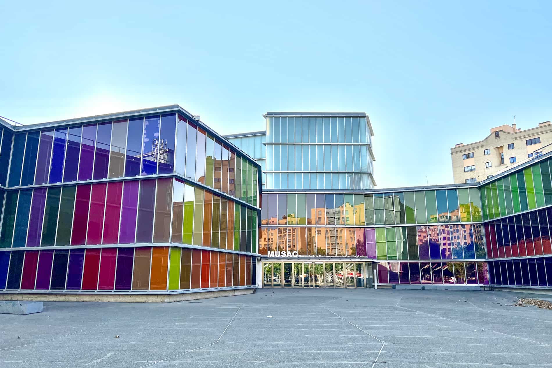The multi-coloured glass panelled facade of the Contemporary Art Museum (MUSAC) in León.