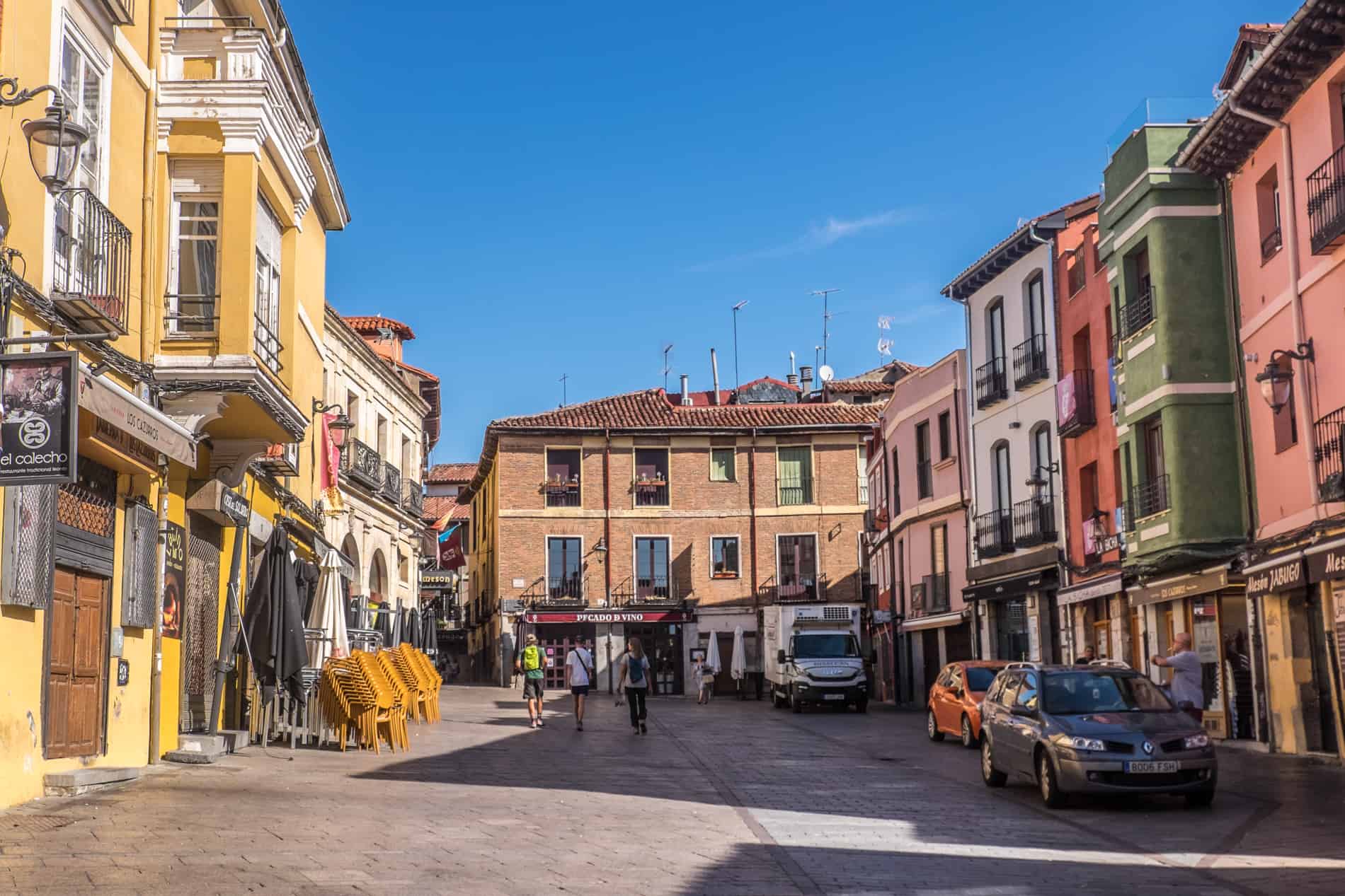 The multi-coloured buildings of Plaza de San Martín in León city, Spain. 