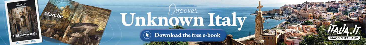 A banner with images of Italy and the pages of the book, with the words Discover Unknown Italy, Download the free ebook.