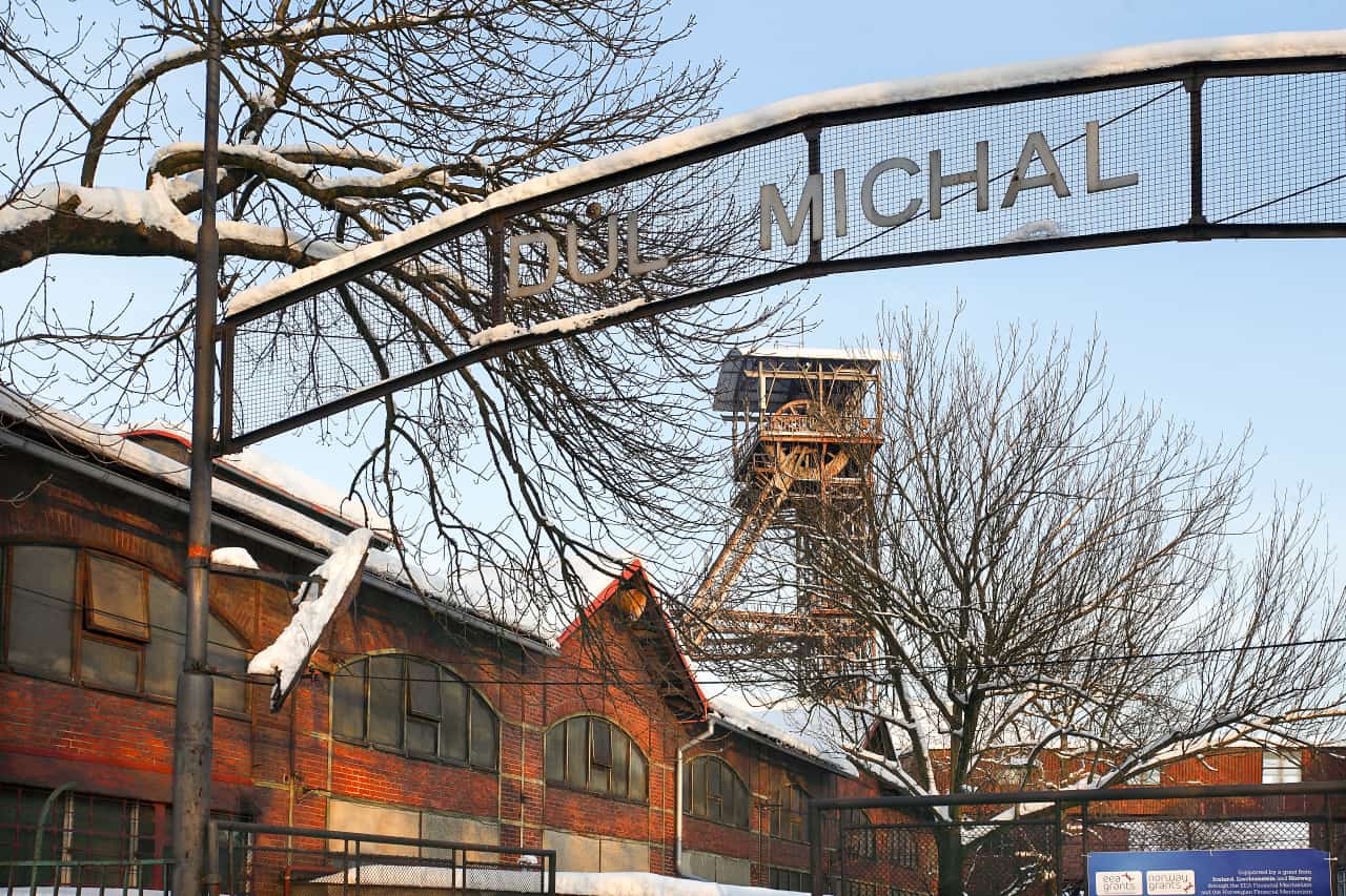 The red brick building and tower of the former Michal Mine (Dul Michal) in Ostrava. 