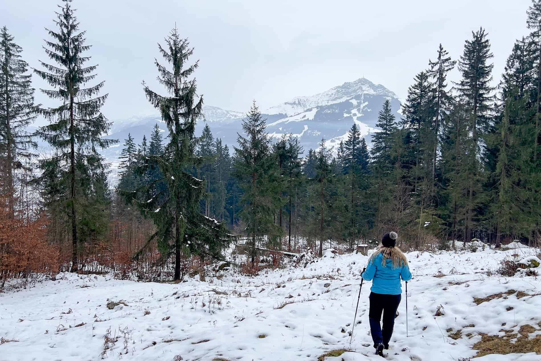 A woman winter hiking in the forest, with a view to the Kitzbüheler Horn mountain. 
