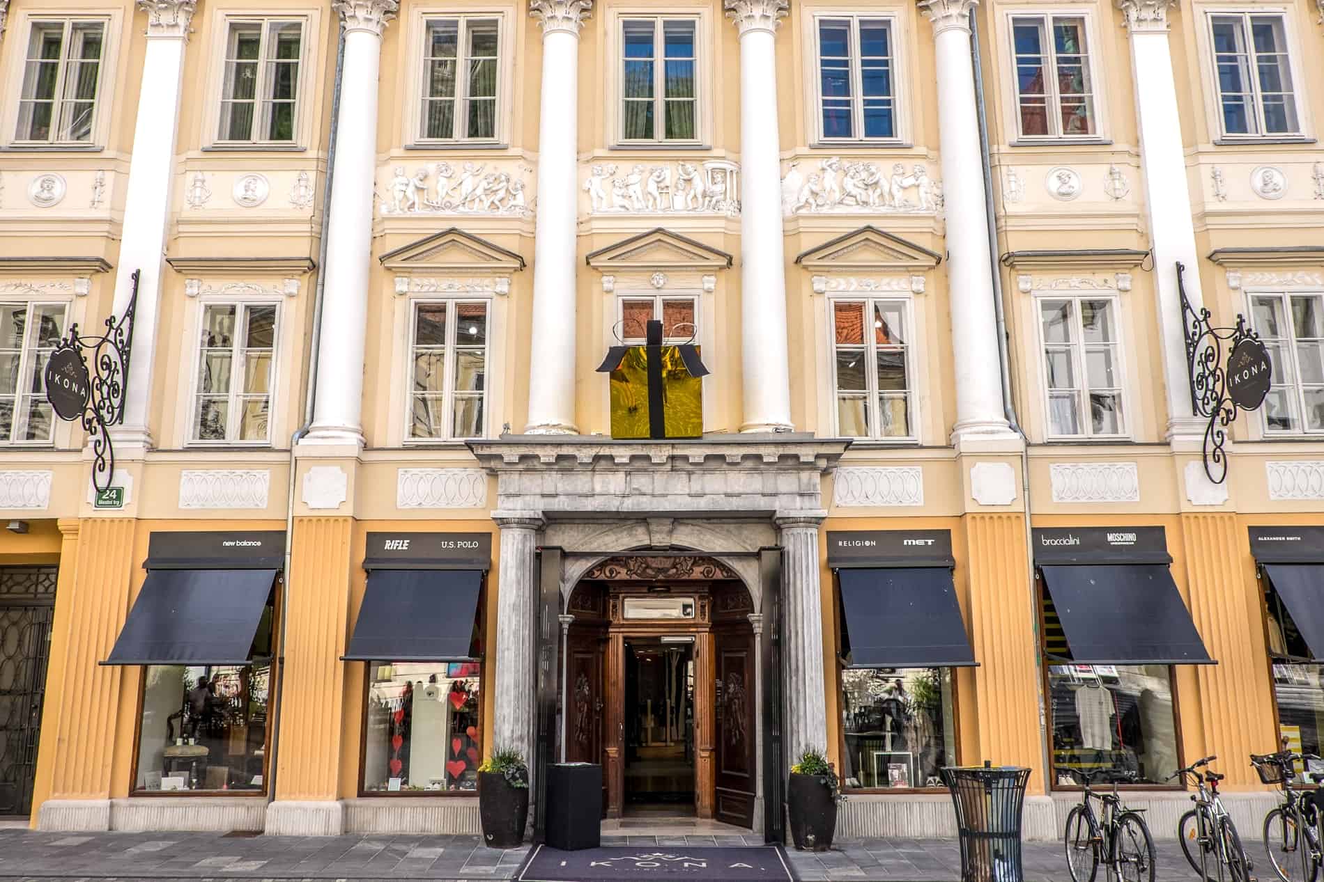 Yellow and white renaissance era buildings in Ljubljana Old Town, Slovenia.
