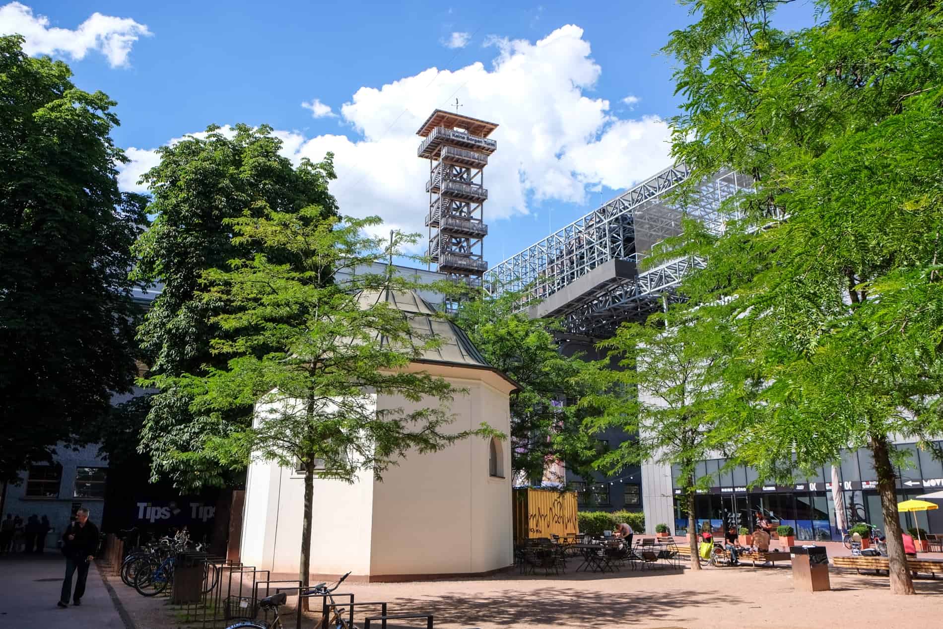 A wooden tower and art space of the creative OÖ Kulturquartier (Culture Quarter) in Linz.