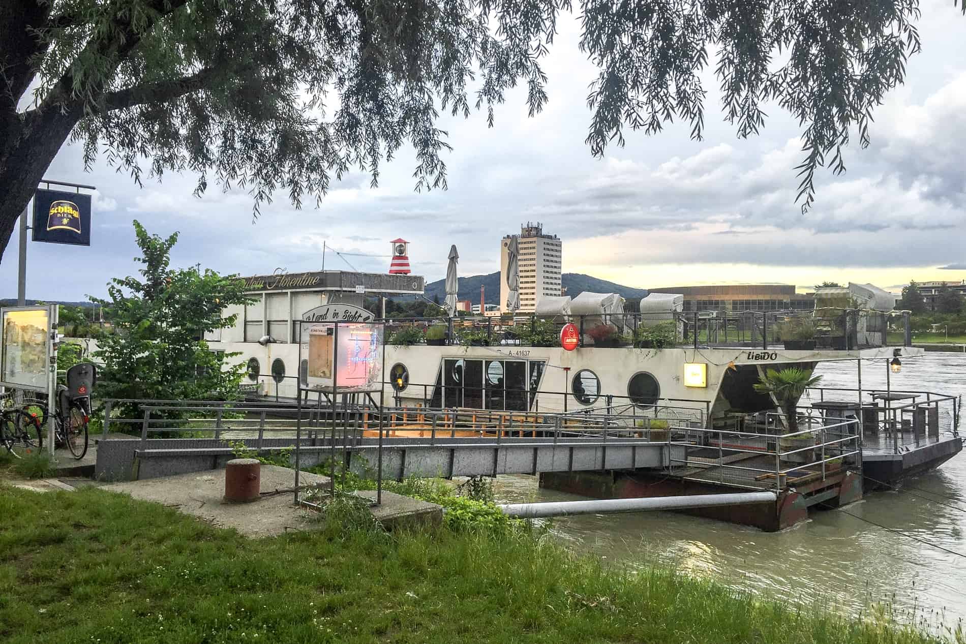 A bar on a boat in Linz city docked on the Danube River in Austria. 