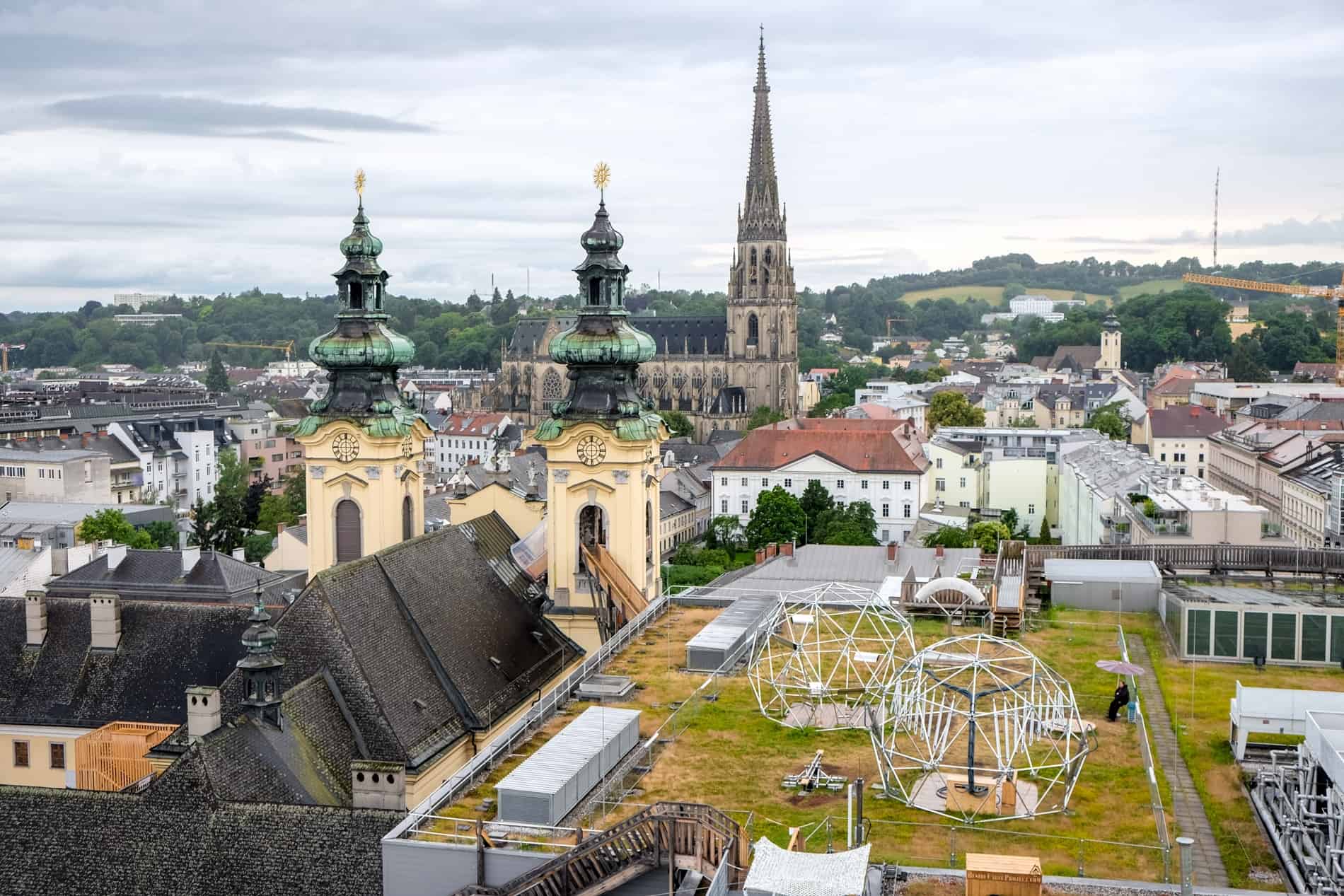 An elevated view of Linz from atop a tower in the Cultural Quarter of the city. 
