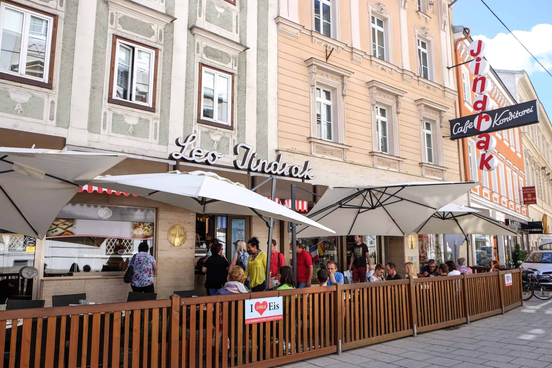 Al fresco cafe setup outside the Leo Jindrak café in Linz old town. 
