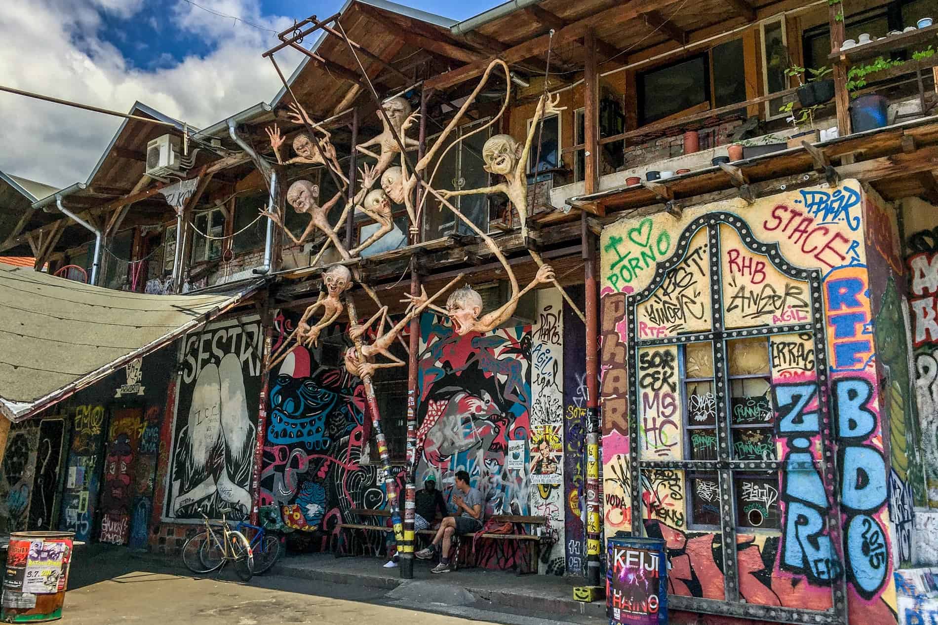 The eccentric, horror-style sperm sculpture in the artistic Metelkova neighbourhood of Ljubljana. 