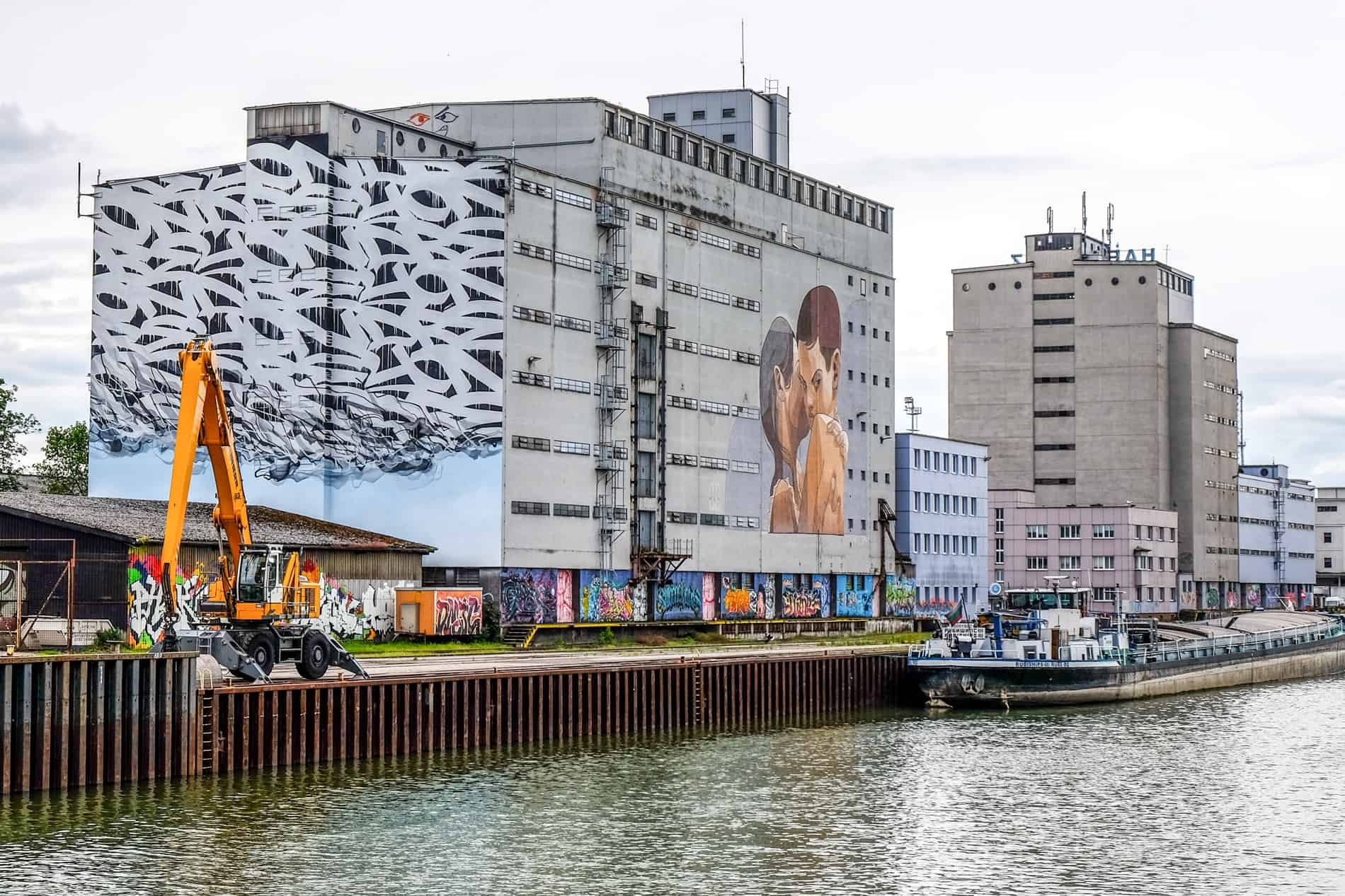 A painting on a building at the commerical port in Linz - one of many giving the area the name, Mural Harbour.