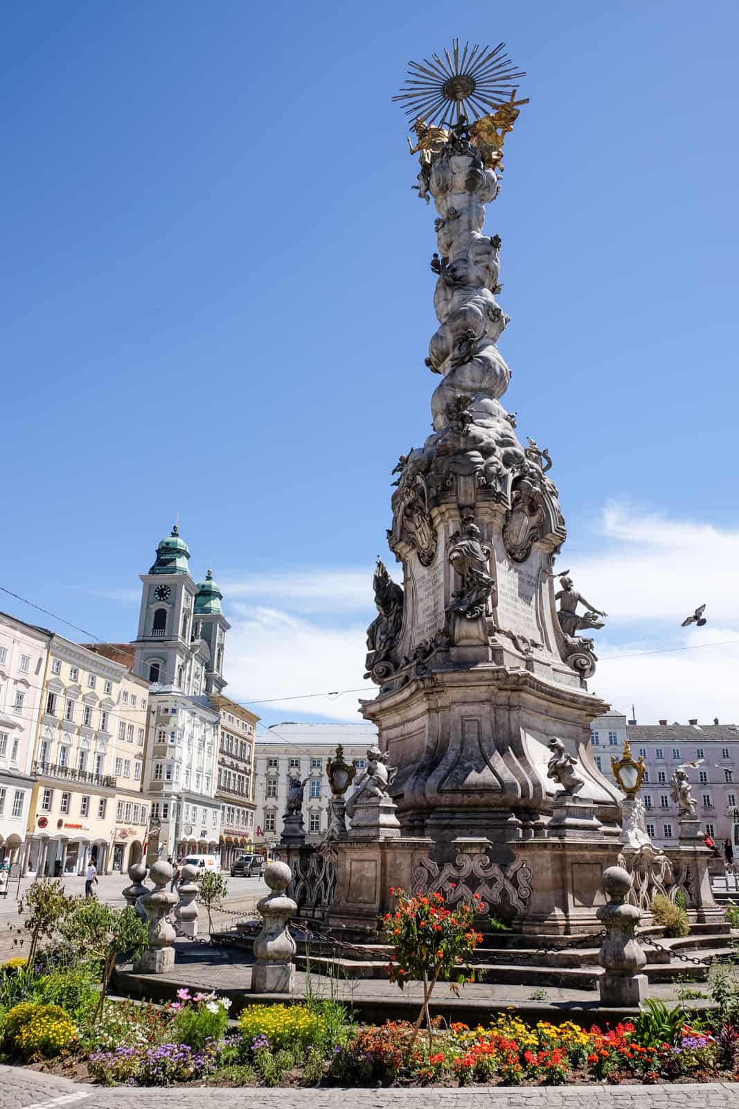 The carved Trinity Column in Linz old town main square.