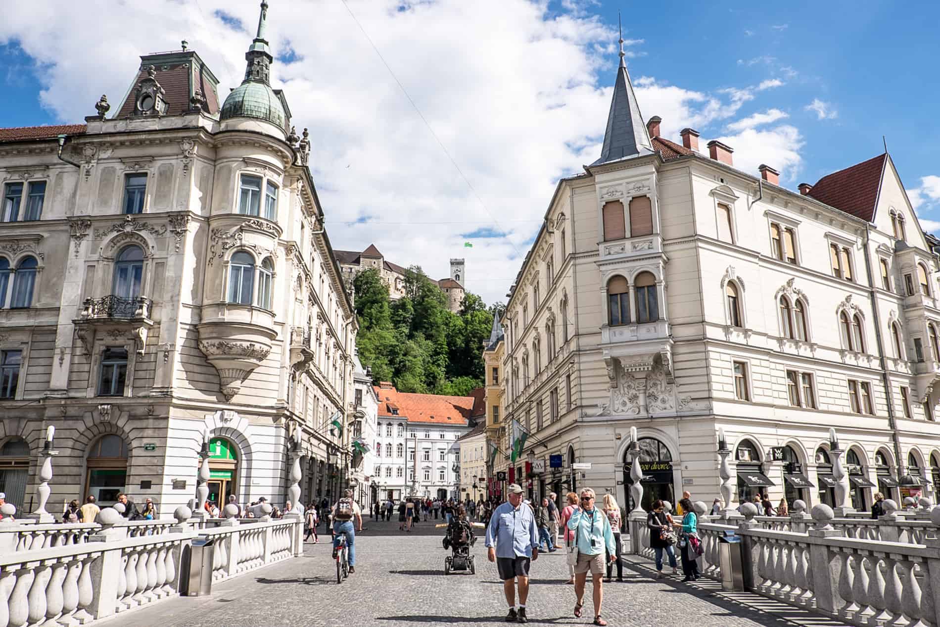 The Plečnik designed Triple Bridge in Ljubljana, at the foot of the hilltop castle. 