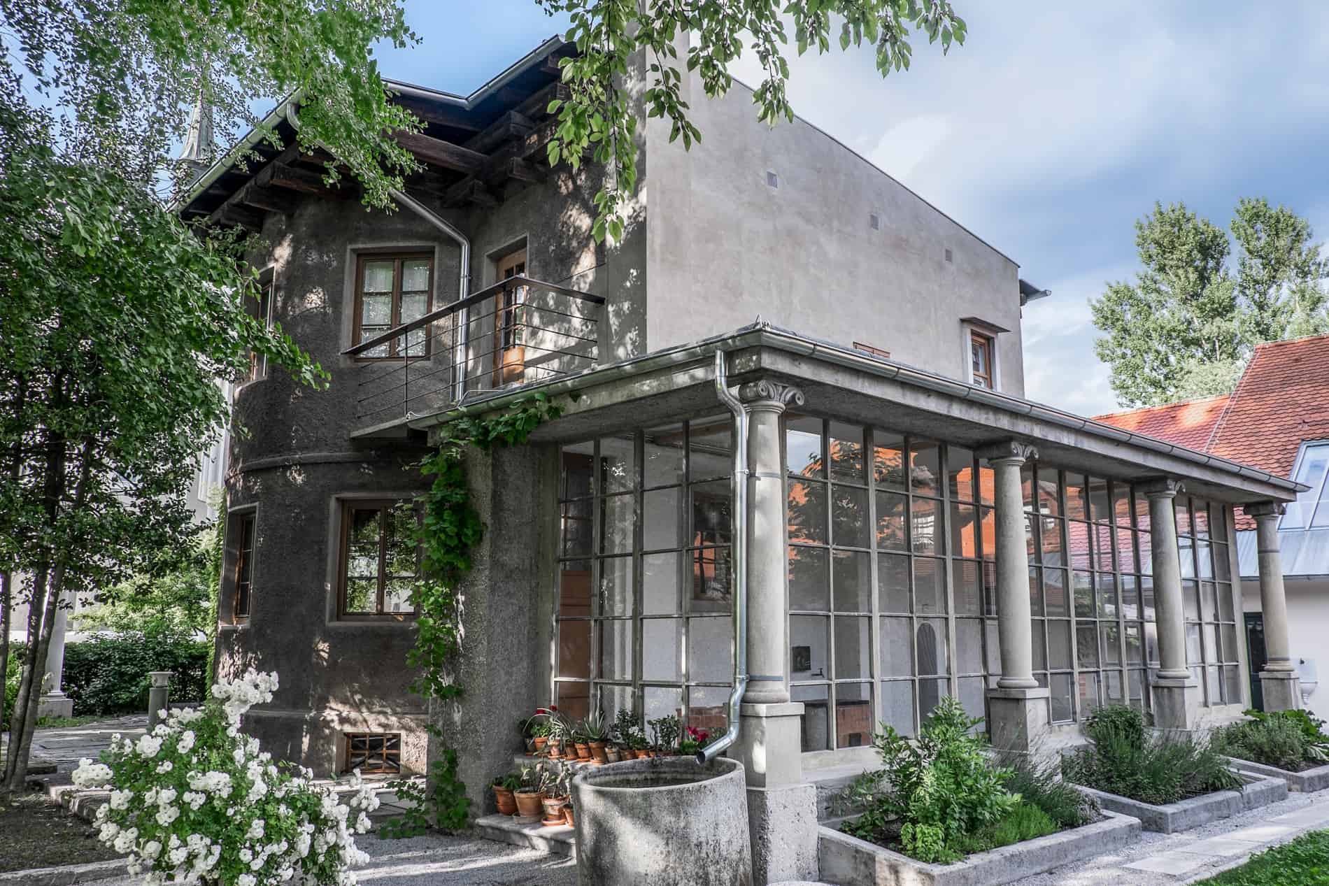 Visiting the Plečnik house in Trnovo, Ljubljana - a modern structure with classical elements including columns. 