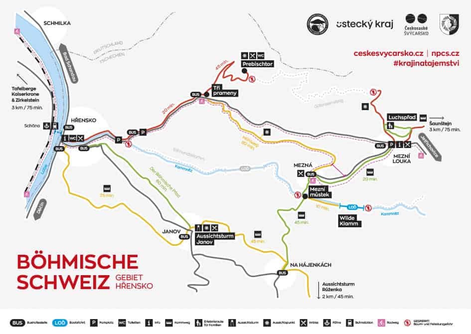 Bohemian Switzerland Hiking Map showing the popular Circuit Trail.