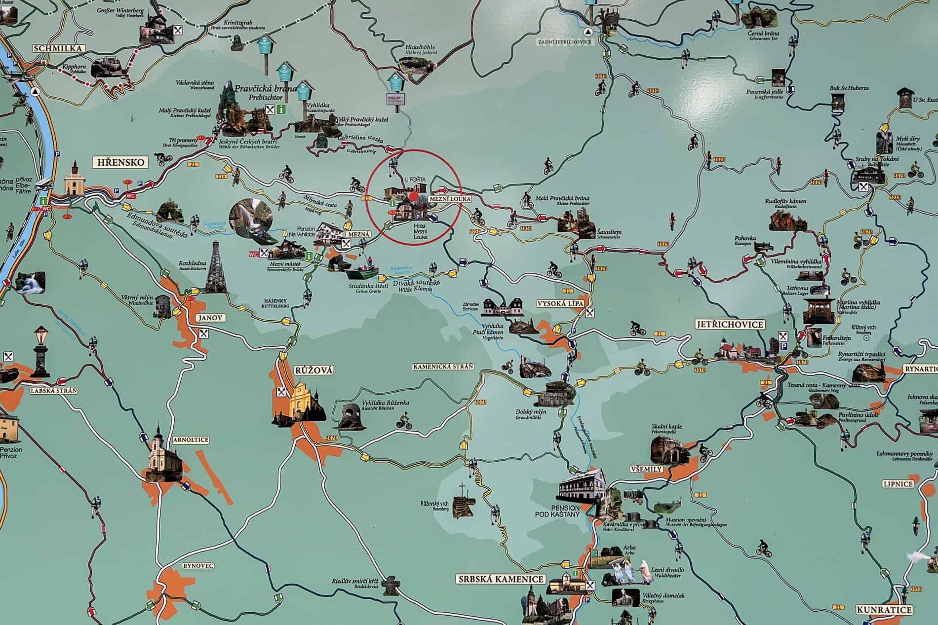 Map of Bohemian Switzerland hiking trails and biking routes connecting villages. 