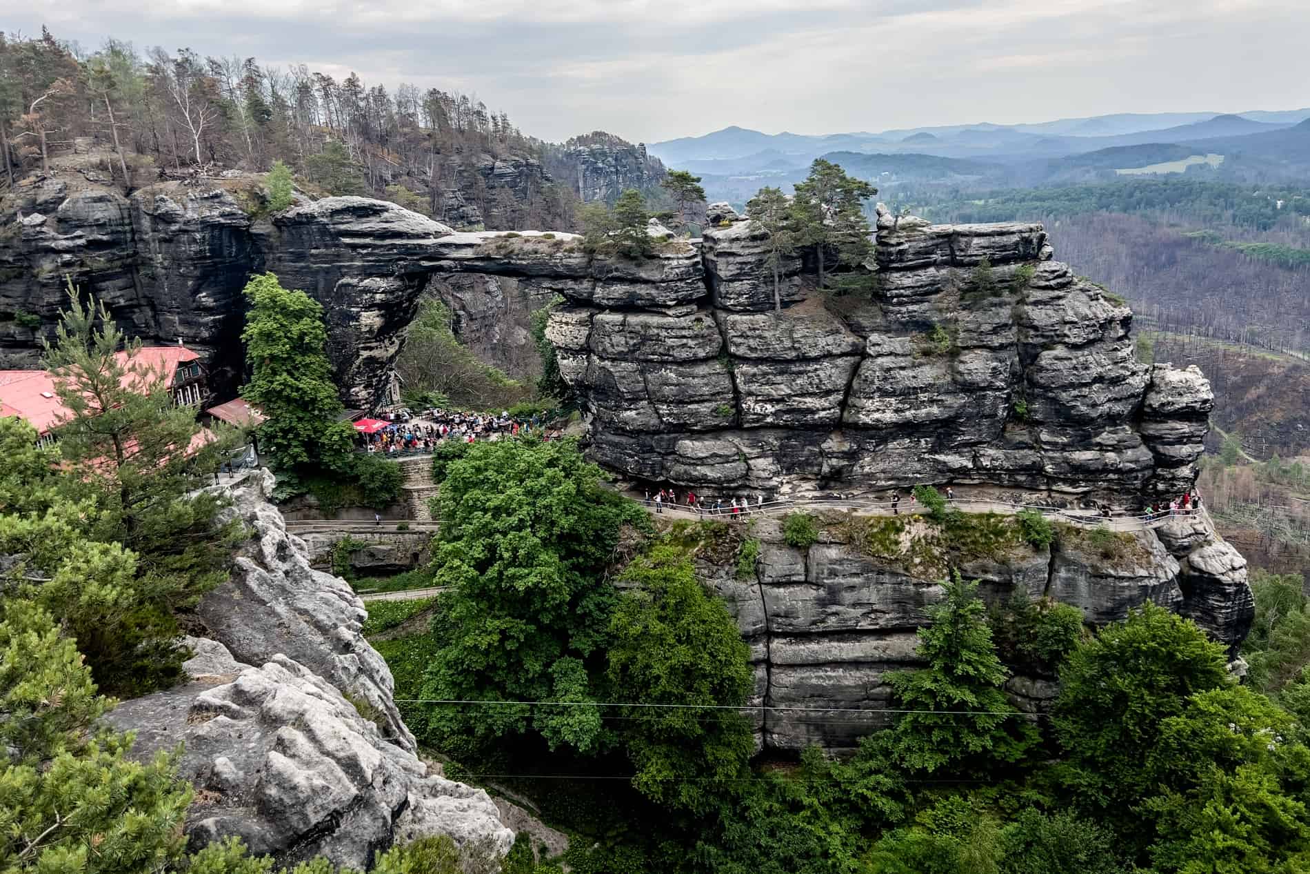 Elevated view of the rock archway Pravcicka Gate (Pravčická Brána) in Bohemian Switzerland National Park. 