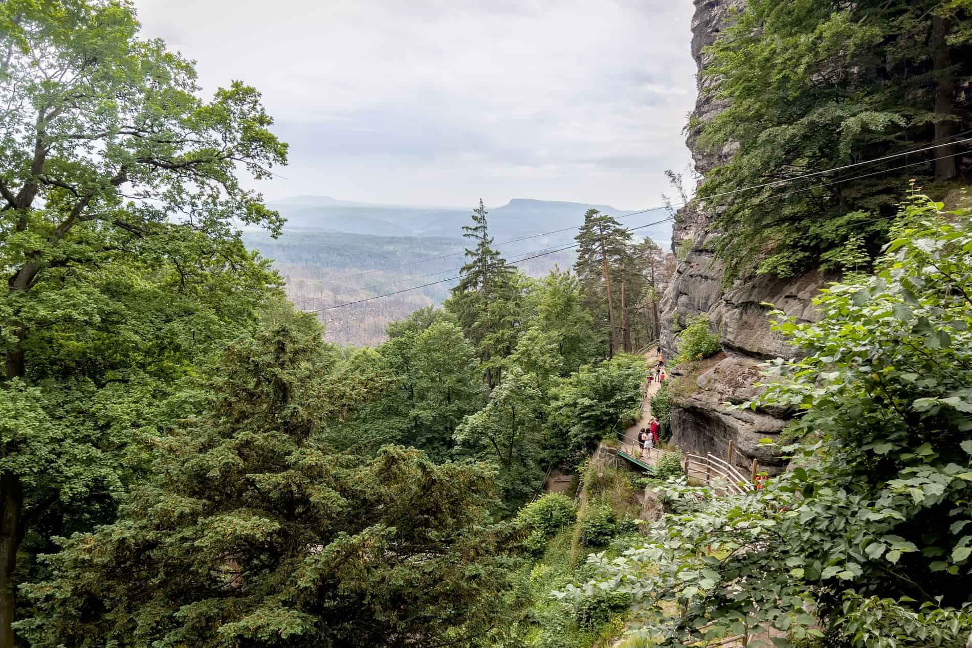 Visitors on the forest-set, winding rock trails to Pravcicka Gate in the Czech Republic. 