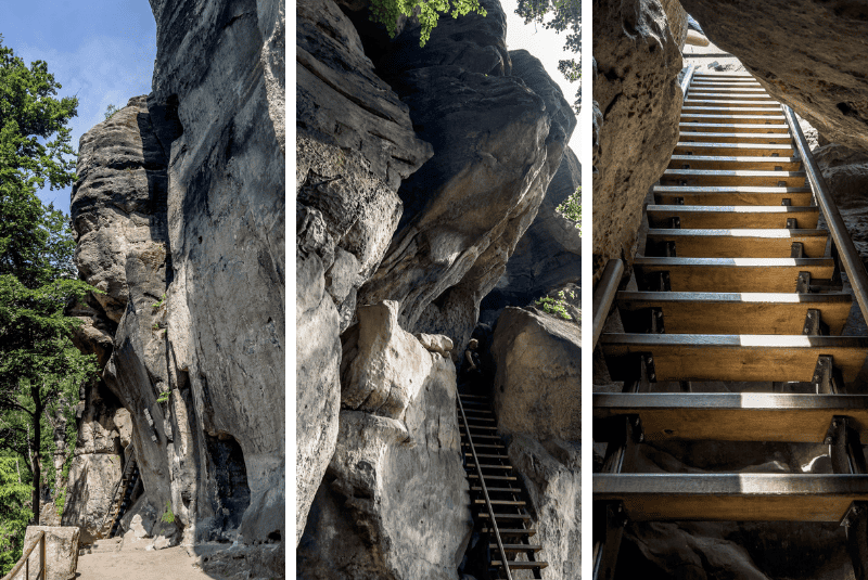 Three images show the series of steep and vertical stairs through the Saunstejn Rock Castle.