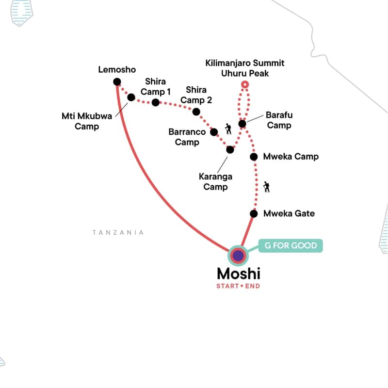 A trekking map showing the gates and camps on the Kilimanjaro Lemosho Route. 