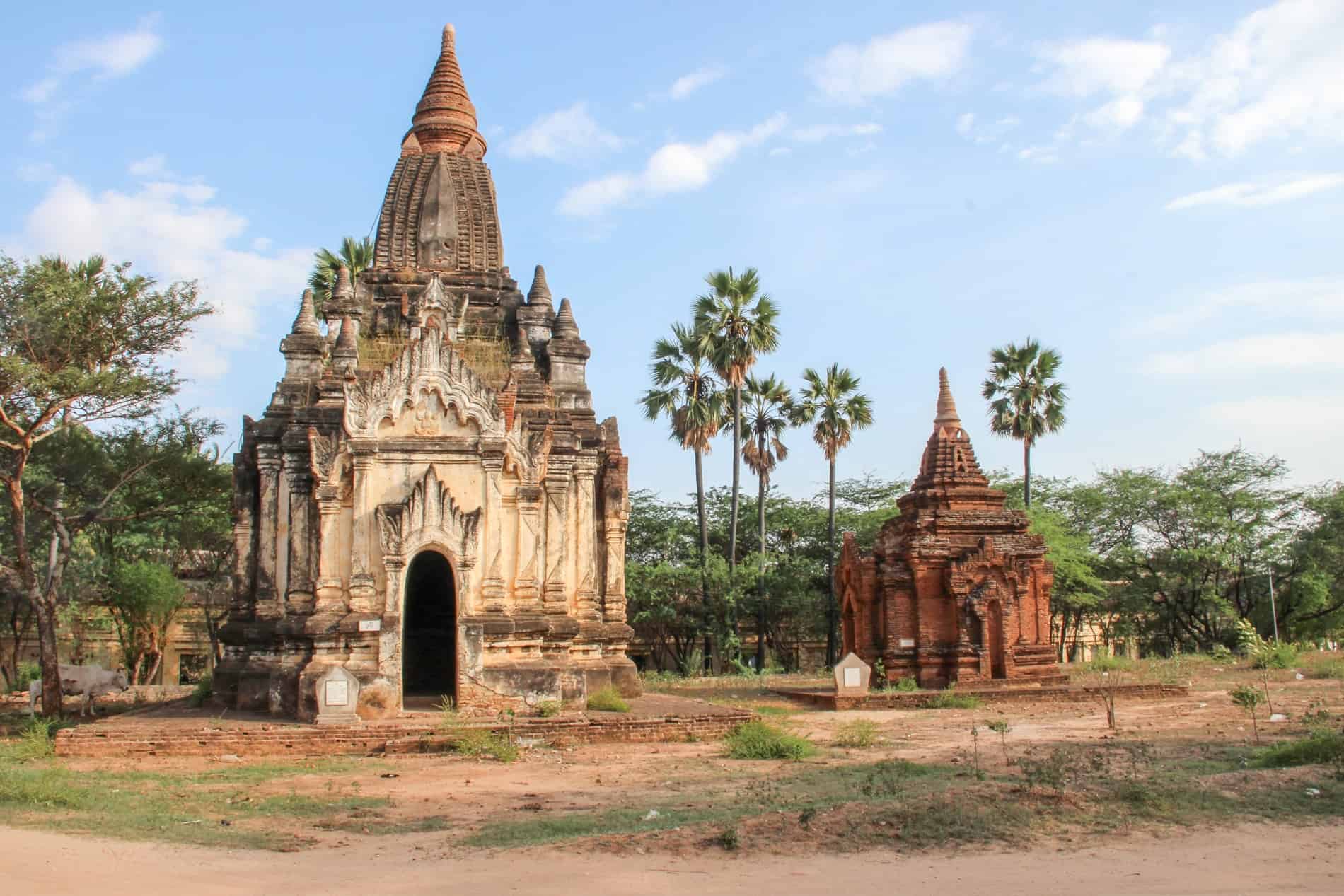 A large off-white and small orange pair of pagodas in a small forest area. 