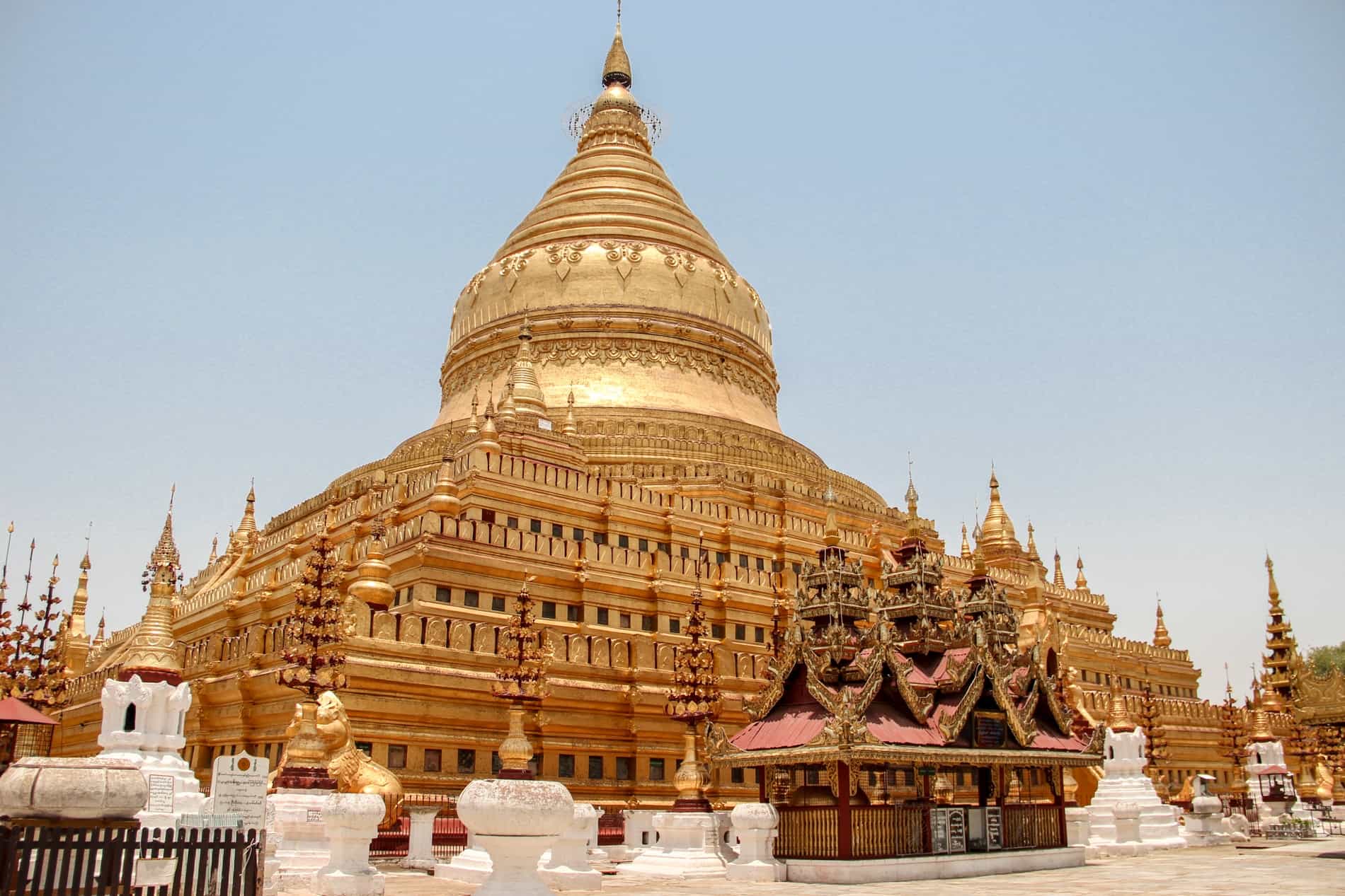 The huge golden box-base and spired Shwezigon Pagoda in Bagan. 