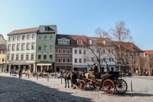 A horse and carriage rides on a cobblestoned street in front of earthy coloured buildings.