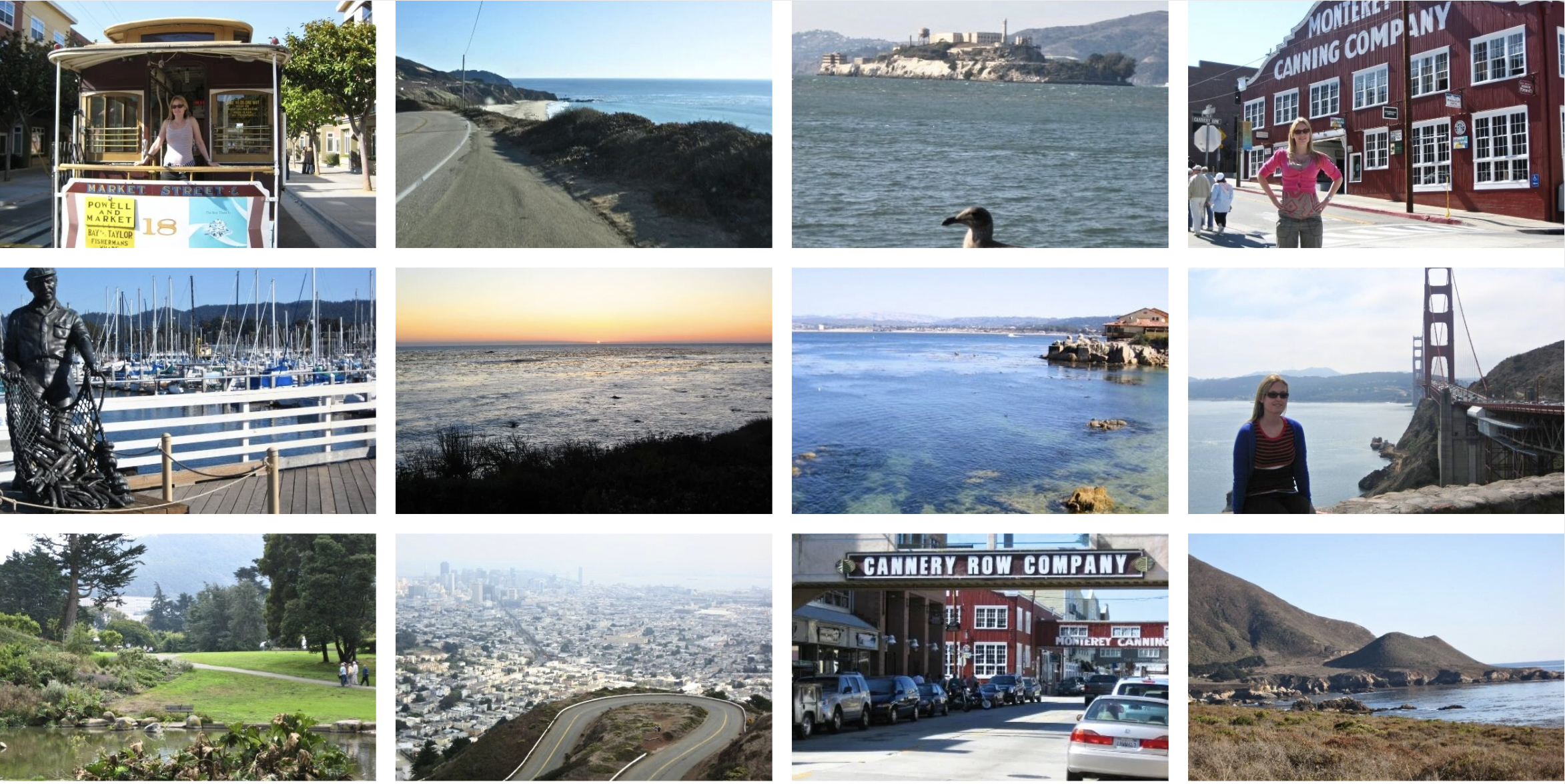 Twelve scenic photos show coastal California locations including Monterey's Cannery Row, the Golden Gate Bridge, and Alcatraz Island on the US Route 101 highway between San Francisco and LA.