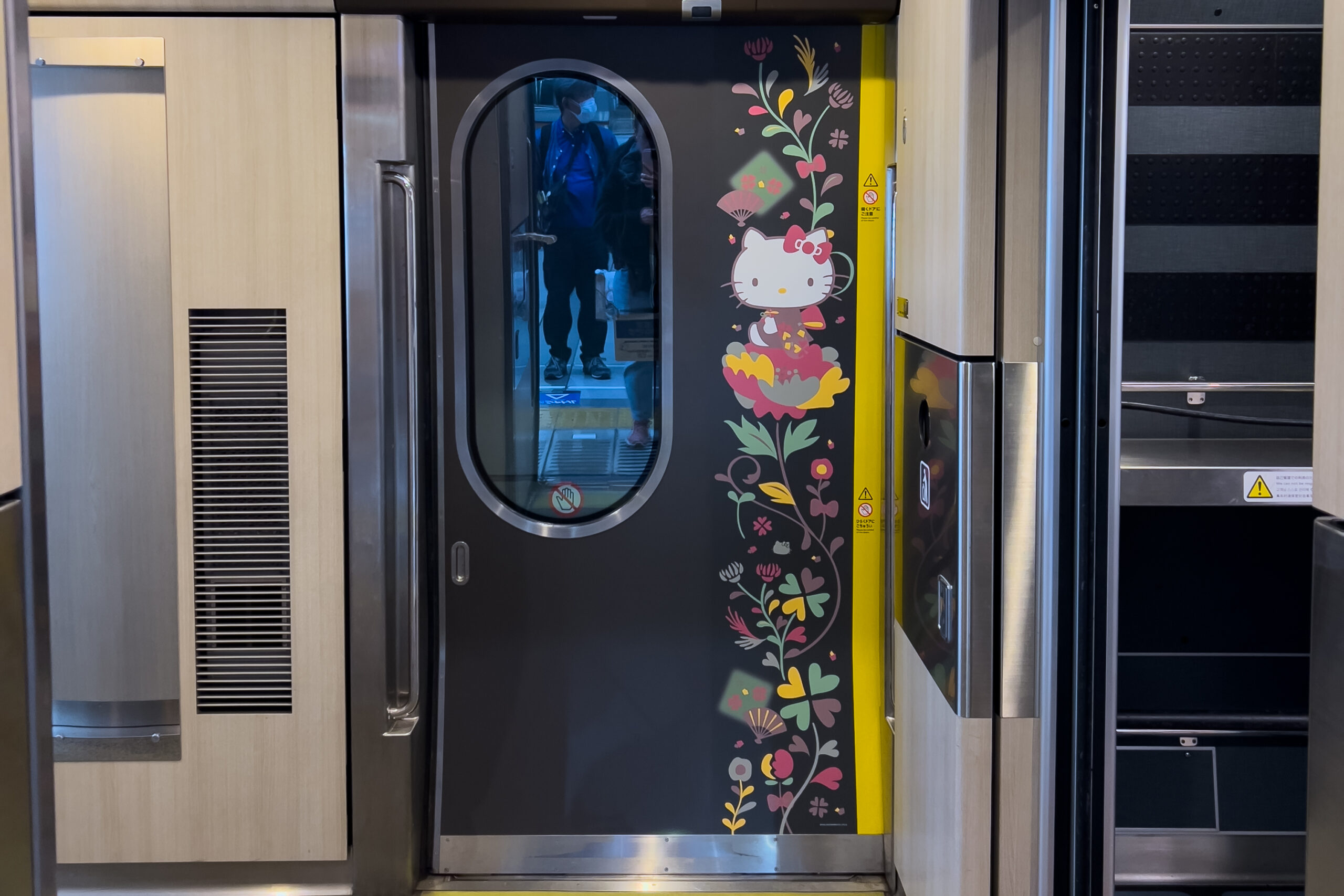 Train doorway art featuring Hello Kitty and the floral designs of the themed Hello Kitty HARUKA train in Japan.