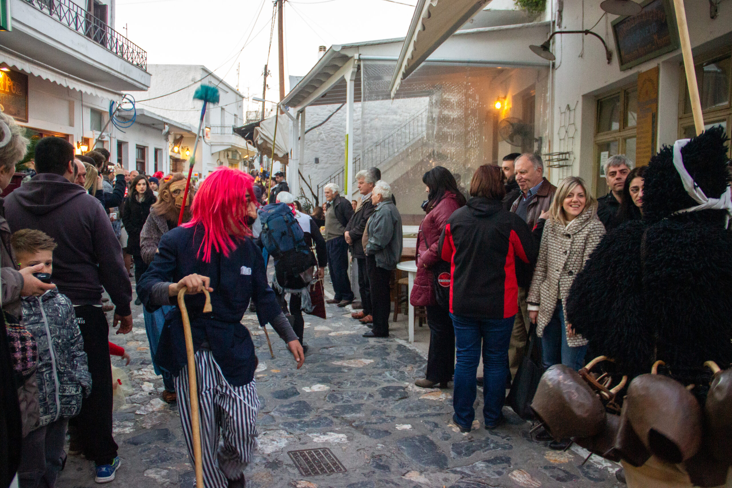 Carnival of Skyros street scene with performers parading past a waiting crowd. One performer has bright pink hair; behind him a person wears a monkey mask.