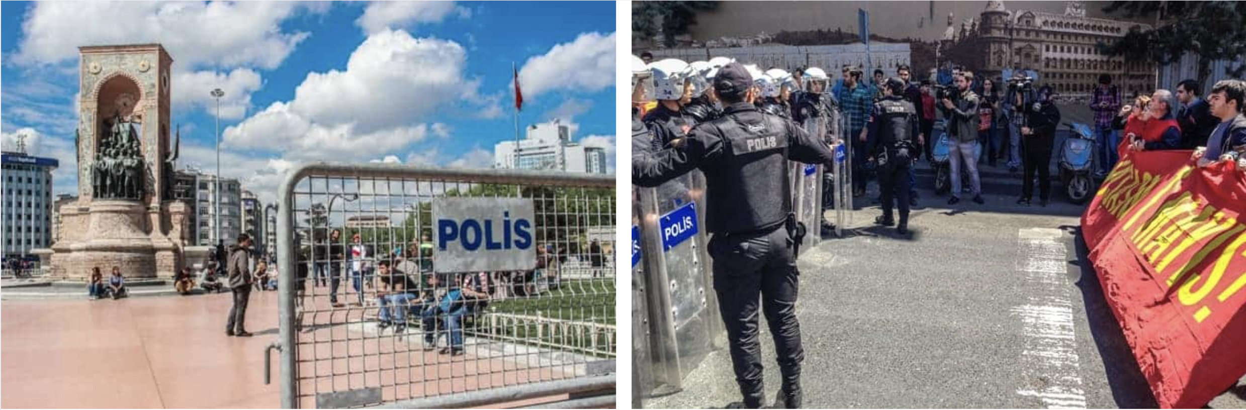 Two images of Istanbul during May Day: the left image shows a police gate in Taksim Square; the right shows protesters facing off with riot police.