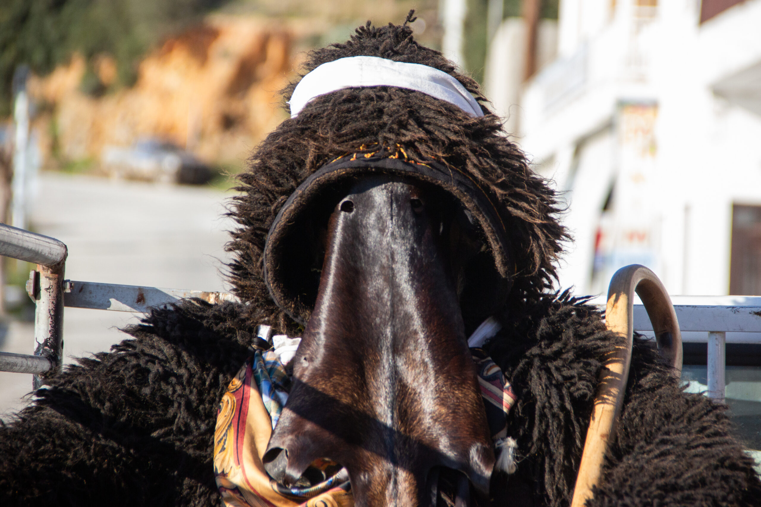 Close-up of a Skyros Carnival Geros, wearing a furry black coat and a goatskin mask. The man is holding a wooden walking stick.
