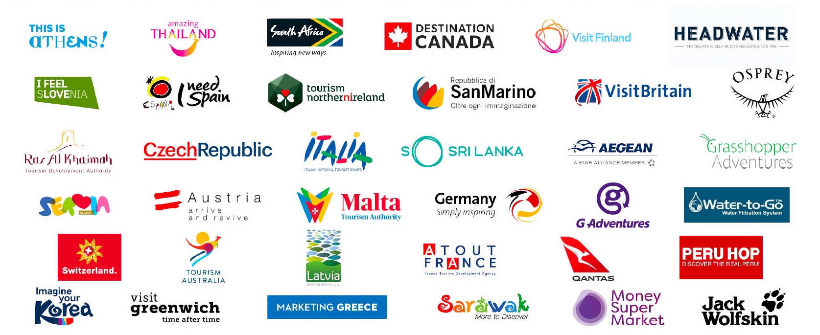 Logo wall of clients and collaborations, featuring tourism boards for Greece, Thailand, Canada, Britain, Australia, and travel brands like Qantas.