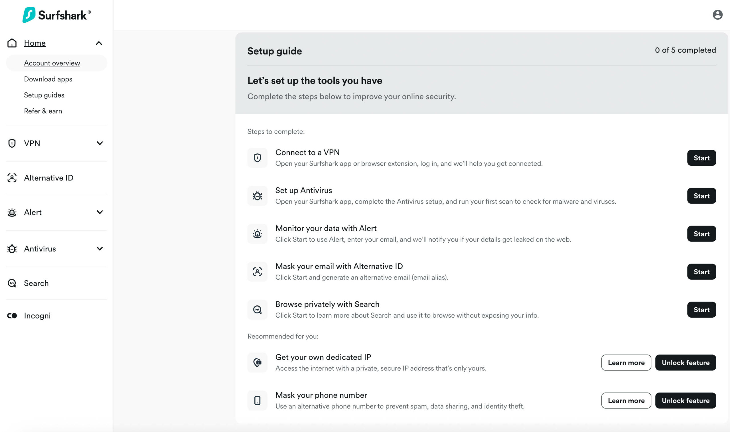 Surfshark dashboard setup guide showing steps for VPN, Antivirus, Alert, Alternative ID, and Search tools.