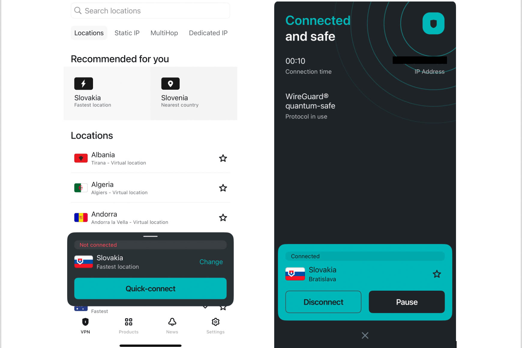 Surfshark VPN app interface showing server location list and a "Connected and safe" status screen with WireGuard protocol.